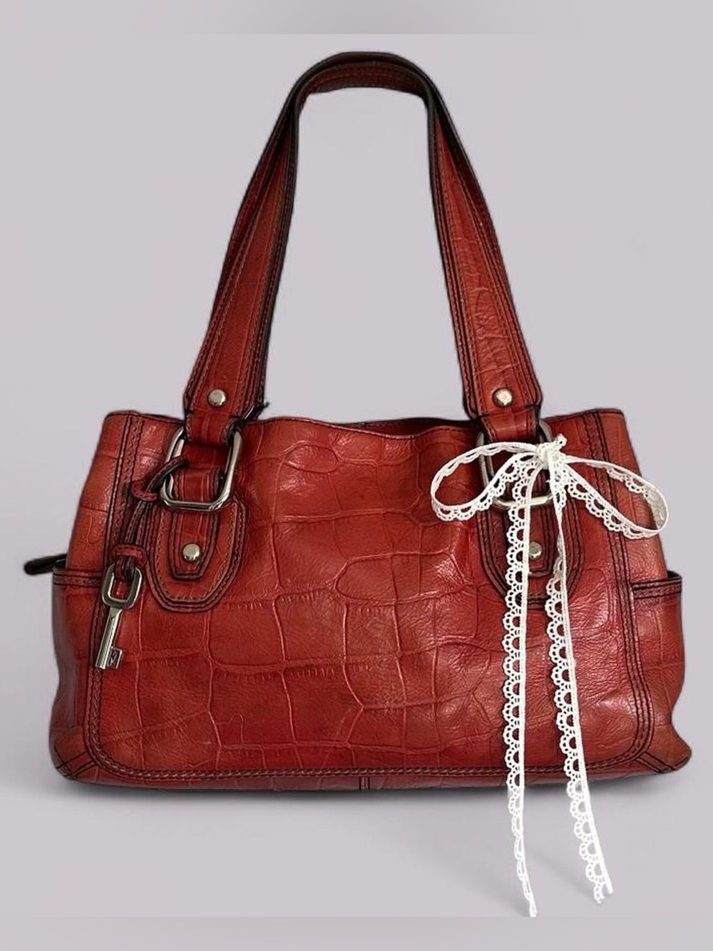 Fossil Burnt Orange/Rust Croc Embossed Leather Shoulder Bag